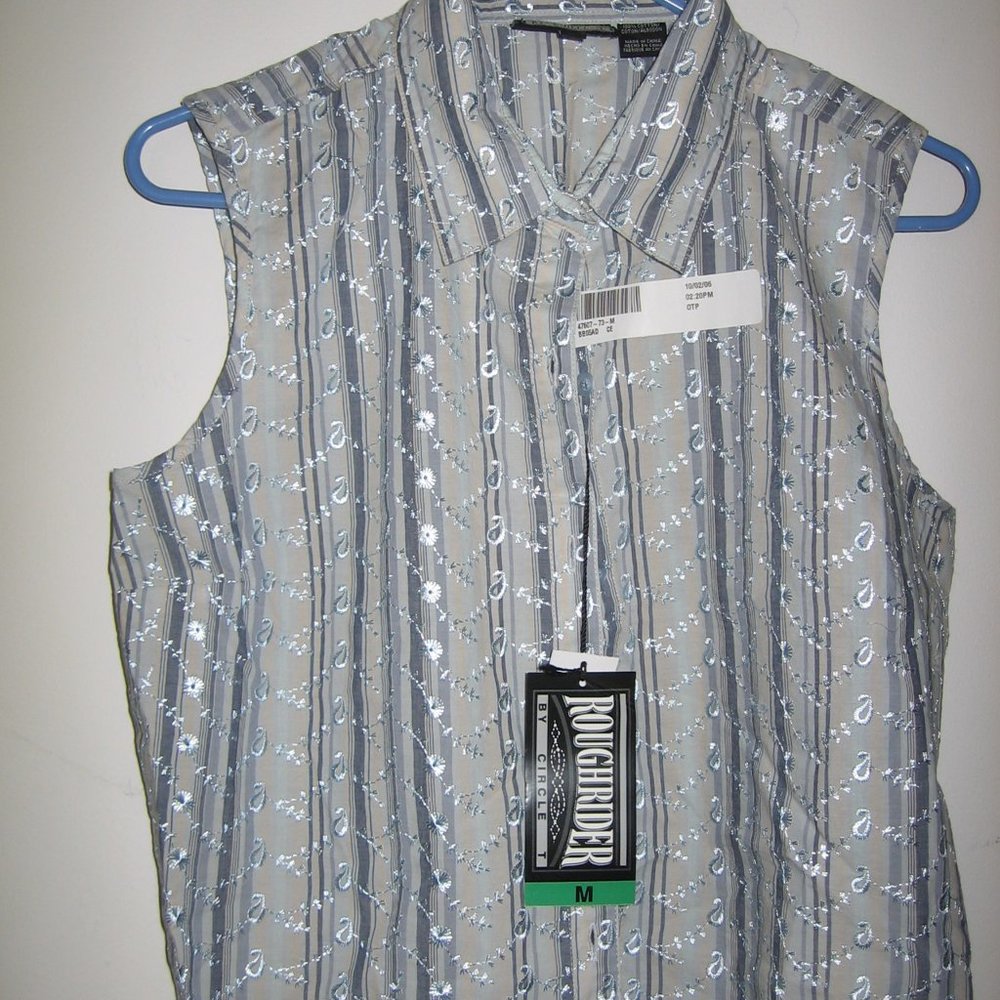 Rough Rider Sleeveless Blue Print Shirt M